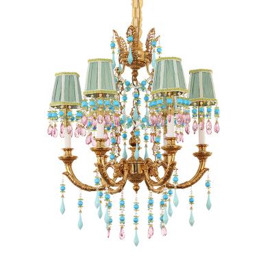 China Mid Century Morocco Style Living Room Chandelier Luxury Brass Chandeliers With Decorative Green Lampshade for sale