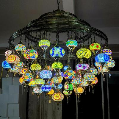 China Traditional Large Size Turkish Mosaic Lamps Art Morocco Glass Decorative Arab Chandeliers Hanging Pendant Lights for sale