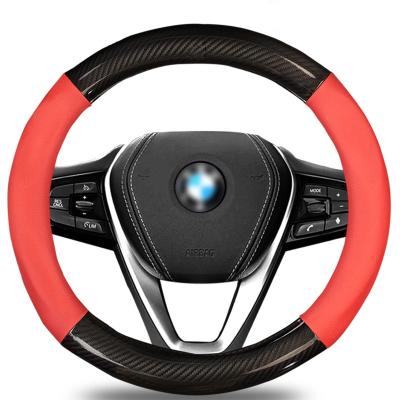 China Perfectly Fit Steering Wheel Cover Carbon Fiber / Breathable Anti-skid Car Leather Steering Wheel Cover Odorless Universal Fit 15 Inch for sale