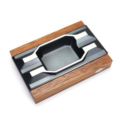 China Portable Newest rectangle shape 2 slot durable zinc alloy & wooden cigar ashtray fall-proof smoking accessories for sale