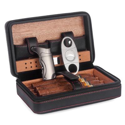 China Travel Portable cigar case travel leather with cutter and lighter 3 in 1 cedar wood humidor box custom logo for sale