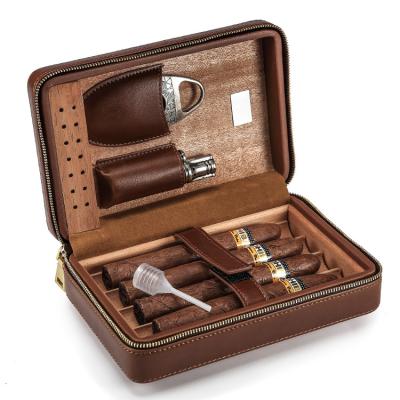 China Travel Portable modern leather cigar case 4 capacity humidor for travel wooden box with luxury lighter and cutter wholesale factory for sale