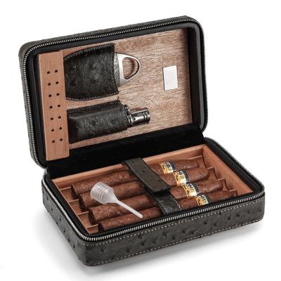 China Handmade Custom leather Travel cigar Case with Cedar Wood Lining portable accessories with lighter and cutter gift set for men for sale