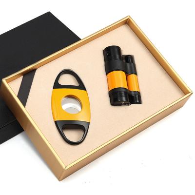 China Windproof Wholesale Windproof Jet Flame Cigar Lighters Gift Sets Refillable Butane Gas Luxury Torch Lighter and Cutter for Cigar for sale