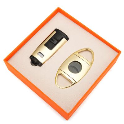 China Windproof Luxury smoking accessories viewable gas refillable single jet flame cigar lighter and cutter set portable gift sets for sale