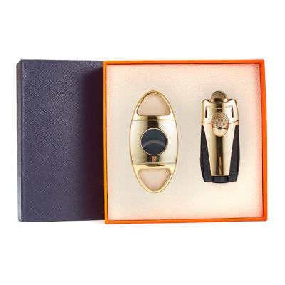 China Windproof Double jet flame cigar torch lighter and cutter set with gift box butane gas refillable lighters sets manufacturers for sale