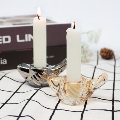 China FengJun Luxury Unique Custom Pearlized Bird Shape Crystal Glass Pillar Stick Candle Holder For Home Party Wedding Decoration Wholesale for sale