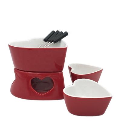 China Viable Heart Shaped Color Chocolate Fondue Set Ceramic Chocolate Pot for sale