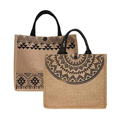 China Jute Handmade Cloth Handmade Fabric Handbag Beach Gifts Large Handled Foldable Jute Shopping Bags for sale