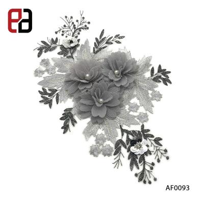 China low MOQ Gray Color Flower Stickers Clothes 3D Fabric Embroidery Patch For Garment Hat Shoes Hand Patch for sale