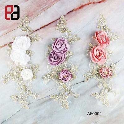 China New arrival 3D flower handmade silk applique with gold thread embroidery lace base for shirt decoration for sale