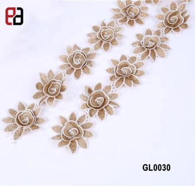 China 3D Flower Gold Thread Embroidery Lace Trimming Ribbon Water Soluble Lace For Decoration for sale