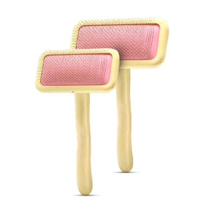 China Viable New Arrival Curved Handle Pet Grooming Dog Slicker Wooden Brush With Air Cushion Super Soft Rubber Pet Brush for sale