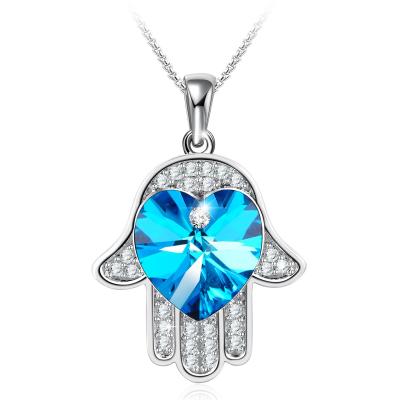 China High Quality Fatima's Hand Creative Design Blue Heart Shaped Cubic Zirconia Pendants Necklaces for sale