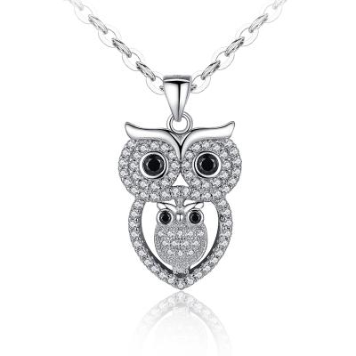 China Wholesale 925 Nickel Free Silver Black Bead Eyes Full Diamond Double Owl Charms And Pendants Necklace for sale