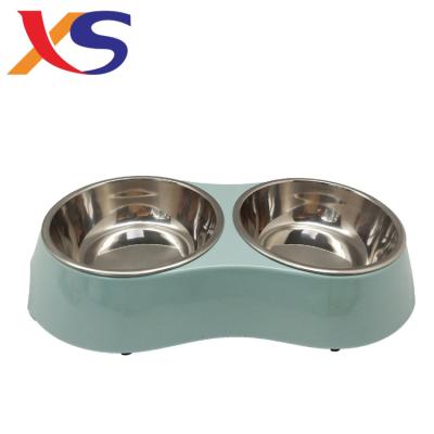 China Viable Customize Pet Cat Dog Double Bowls And Feeders With Stainless Steel Food Bowls For Animal for sale