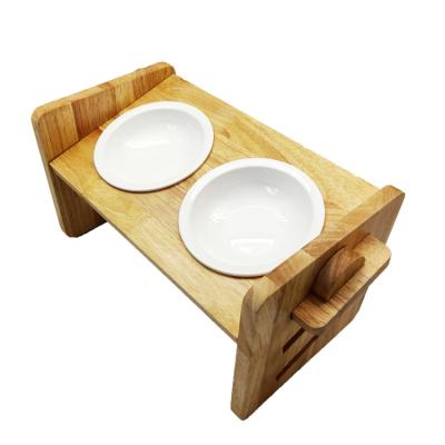 China Sustainable Adjustable High Wooden Dog Bowl Pet Bowl Rack With Double Melamine Bowl for sale