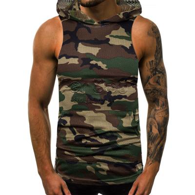 Китай Mens QUICK DRY Summer Mesh Breathable Tank Tops With Hood Fashion Camouflage Sports Invest Sleeveless Hooded 100% Polyester Tops Shirts продается