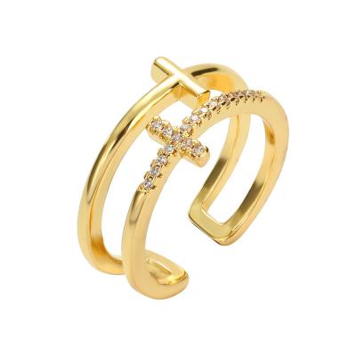 China CLASSIC Wholesale High Quality Adjustable open band Crystal stone double cross Ring Jewelry for Women for sale