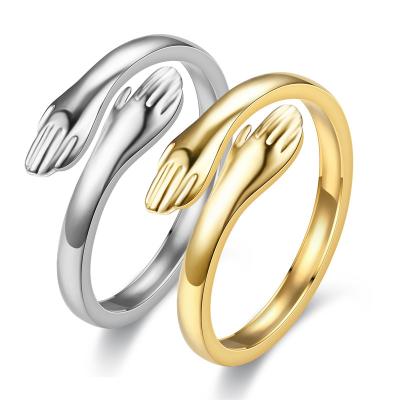 China CLASSIC High quality manufacturing Engraved custom Hand Embrace Adjustable Ring Stainless steel Jewelry for sale