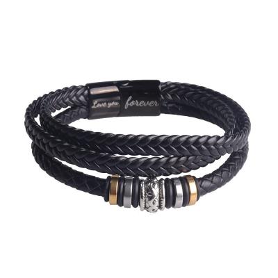 China Vintage Wholesale High Quality Vintage Woven Bracelet Multi Layer Leather Gold Ring magnetic Handmade Leather Bracelet For Men for sale