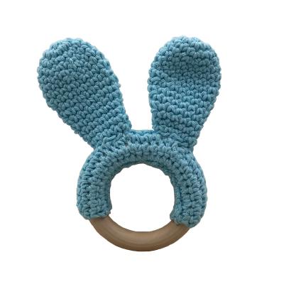 China BPA New Design Cotton Wooden Bunny Ear Teething Ring Free Hook for sale