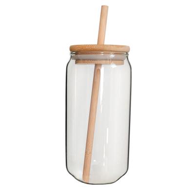 China Viable popular empty 500ml sublimation beer shaped glass soda can with bamboo lid and clear plastic straw suitable for DIY printing for sale