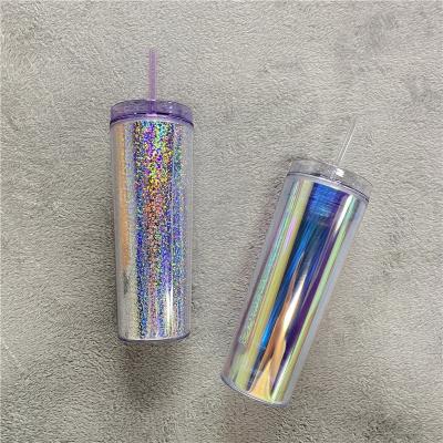 China Holographic Clear Plastic 16oz 19oz 20oz Laser Glitter Bomb Viable Powder Glitter Double Wall Insulated Acrylic Lean Tumbler for sale