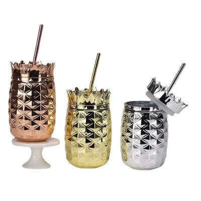 China Sustainable 24OZ Pineapple Cup Copper Plated Tumbler Hammered Bar Ware Kitchen Accessories Plastic Cup With Straw for sale