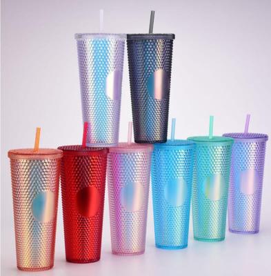 China Matte Cups Tumbler With Straw Plastic Iridescent Lid DIY 16oz 24oz Viable Cold Wall Coffee Cup Double Iridescent Lid for sale