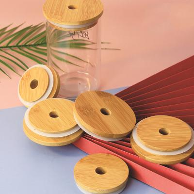 China Non Spill Straw Cup Bamboo Cover Glass Bottle Lid Coke Beer Mug Wooden Bamboo Lid With Rubber Seal for sale