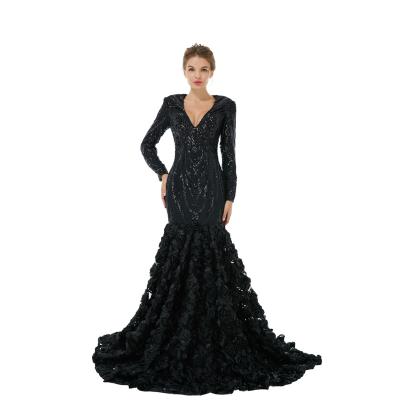 China Anti-Static Luxury Long Sleeve Deep-V Neck Sequined Mermaid Evening Dress for sale