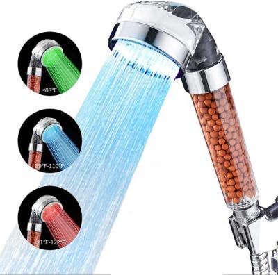 China Three Color Discoloration High Pressure Stone Ball Filtered Modern Water Saving Bathroom Spa Shower Head Plastic Set for sale