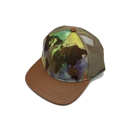 China Custom Sublimation COMMON Logo Boys Kids Leather Flat Polyester 5 Panel Snapback Trucker Hats And Caps for sale