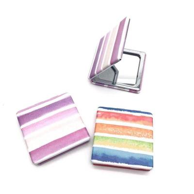 China Minimalist Customized Design Square Rainbow Color PU Leather Pocket Mirror for sale