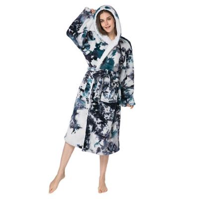 China Wholesale Thermal Comfortable Tie Dye Printed Custom Drawstring Flannel Furry Luxury Furry Sleepwear Package Womens Pijamas Long Robes for sale