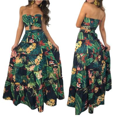 China 2021 Women Bandeau Breathable Floral Print Strapless Bandage Ruffles SetSexy SetSexy Women Vacation Skirts High Waisted Boho Crop Two Piece Top for sale