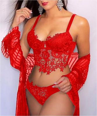 China Sustainable High Quality Fashion Luxury Sexy Two Piece Underwear Set Solid Color Plus Size Lingerie Fat Women Lace Bra And Panties Suit for sale