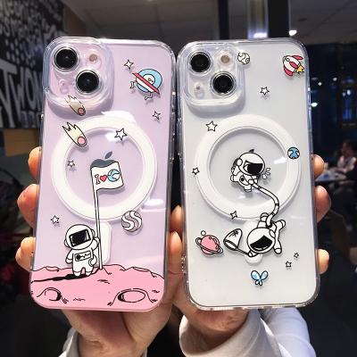 China Cute Cartoon Astronaut Waterproof Magsafe Phone Case For iPhone 14 pro 13 12 11 14 max plus Wireless Charging Magnetic Clear Soft Cover for sale