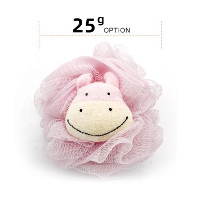 China Exfoliating OEM Cute Animal Cow To Shape Cute Bath Shower Loofah Bean Bag Flower Ball Body Scrub Mesh Pink Nylon Bath Sponge for sale