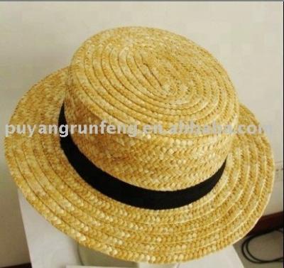 China Striped Straw Burket Hat School Straw Hats With Black Tape Ribbon for sale