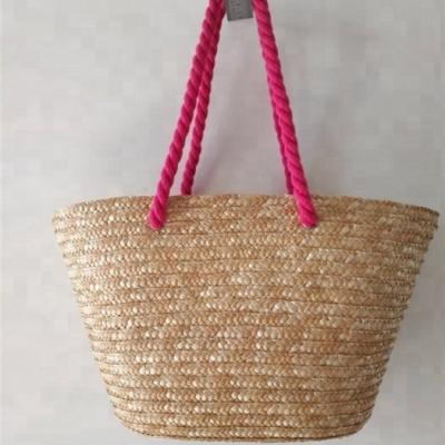 China Natural Pink Shoulder Bag Cotton PU Handle Lining Wheat Straw Bags for sale