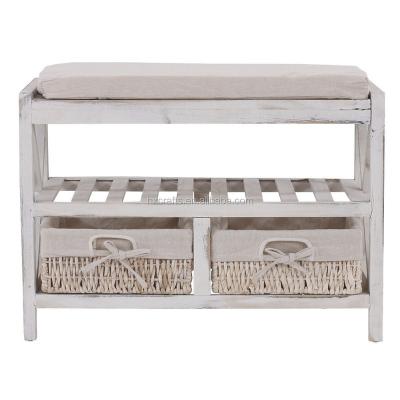 China Solid wood vintage wooden storage bench with shelf / shabby chic bench with corn baskets /vintage Kommode for sale