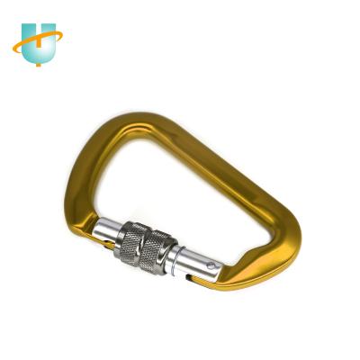 China Gold 30kn Durable Custom Safety Rust Aluminum D-Type Carabiner Wear Resistant Mountain And Light Weight Logo/Screw Door Climbing Hook for sale