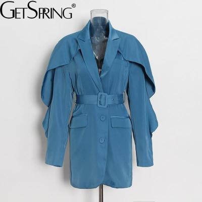 China Slim jacket 2021 GetSpring Office women Breasted suit waterproof blazer long sleeve blazer ladies coat blazer single women belt new for sale