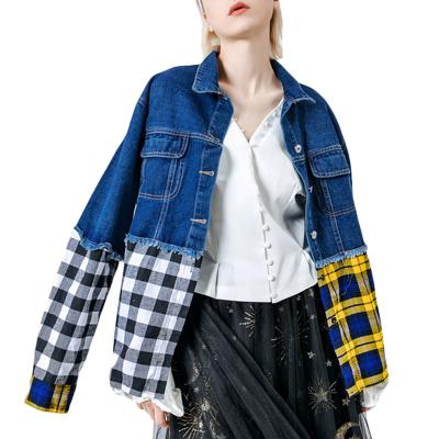 China Viable Color Tassel Plaid Long Sleeve Lapel Long Sleeve Denim Jacket Women Getsping Patchwork Autumn for sale