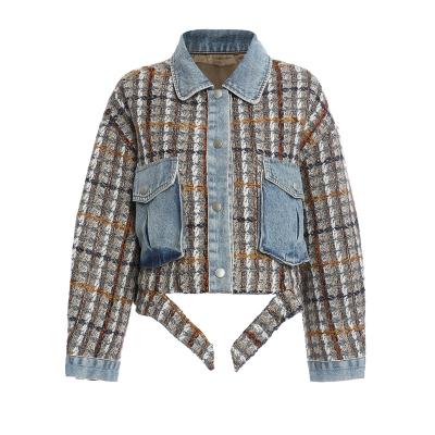 China Getsping Fashion Lapel Long Sleeve Patchwork Plaid Viable Casual Denim Jackets Female Fall for sale