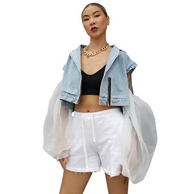 China Getsping Viable Short Thin Casual Patchwork Mesh Denim Jackets Female Long Lantern Sleeve for sale