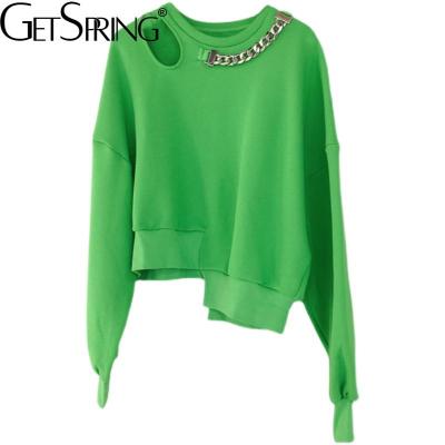 China GetSpring Women Hoodies Anti-wrinkle Cotton Hollow Out Green Women's Sweatshirt Pullovers Long Sleeve Loose Casual Irregular 2022 Ladies Tops for sale