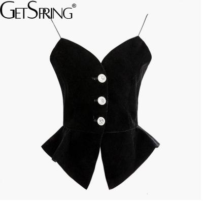 China GETSPRING Anti-Shrinkage Women Invest Crop Top Diamond Velvet Top Ruffle Velor Crop Tops Women V Neckline Vintage Sexy Cropped Tops Black 2020 Fashion for sale